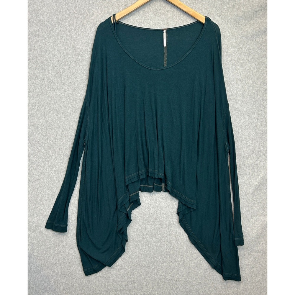 Free People Oversized Small Sharkbite Hem Top Blue Green Long Sleeve Flowy Boho